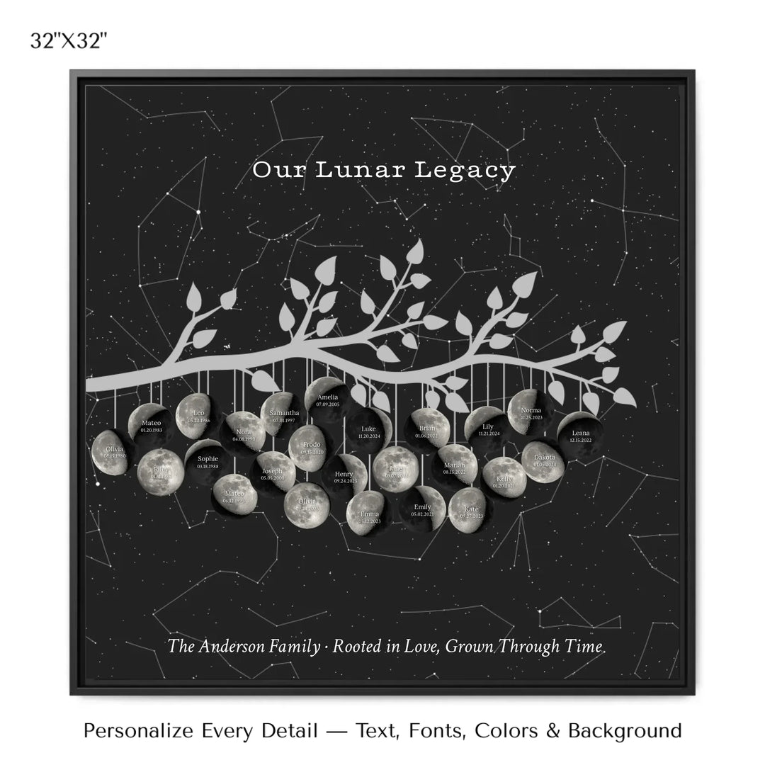 Custom Silver Moon Phase Family Tree Branch Wall Art -32x32 framed canvas-ARTFULANE