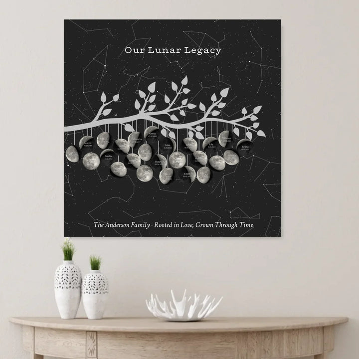 Custom Silver Moon Phase Family Tree Branch Wall Art -unframed canvas on wall-ARTFULANE