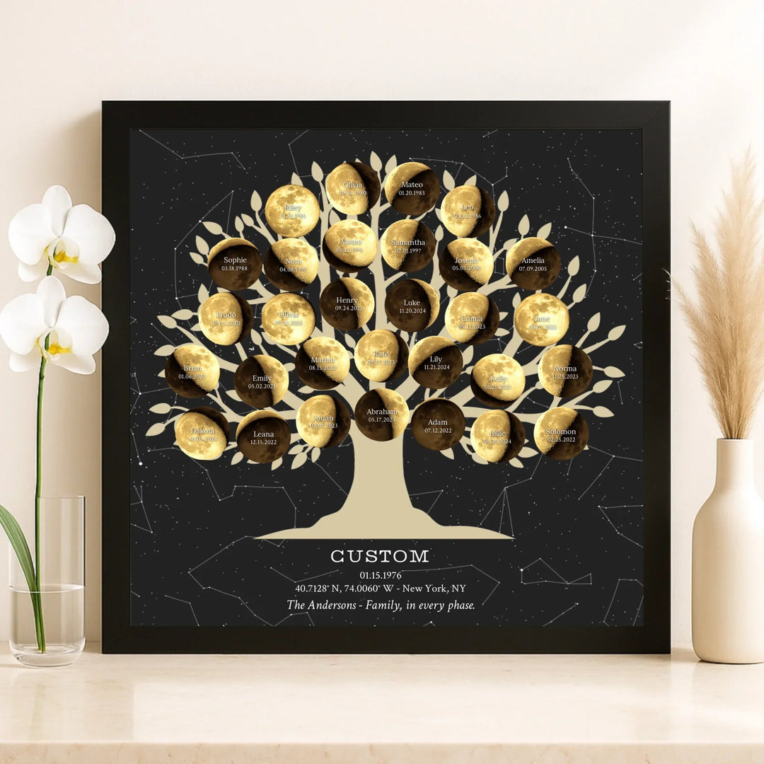 Custom Golden Moon Phase Family Tree Wall Art - framed canvas on shelf-ARTFULANE