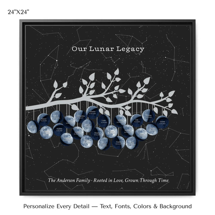 Custom Blue Moon Phase Family Tree Branch Wall Art -24x24 framed canvas-ARTFULANE