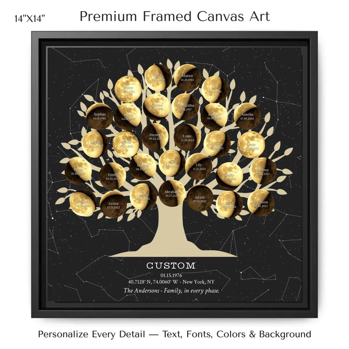 Custom Golden Moon Phase Family Tree Wall Art -14x14 framed canvas-ARTFULANE