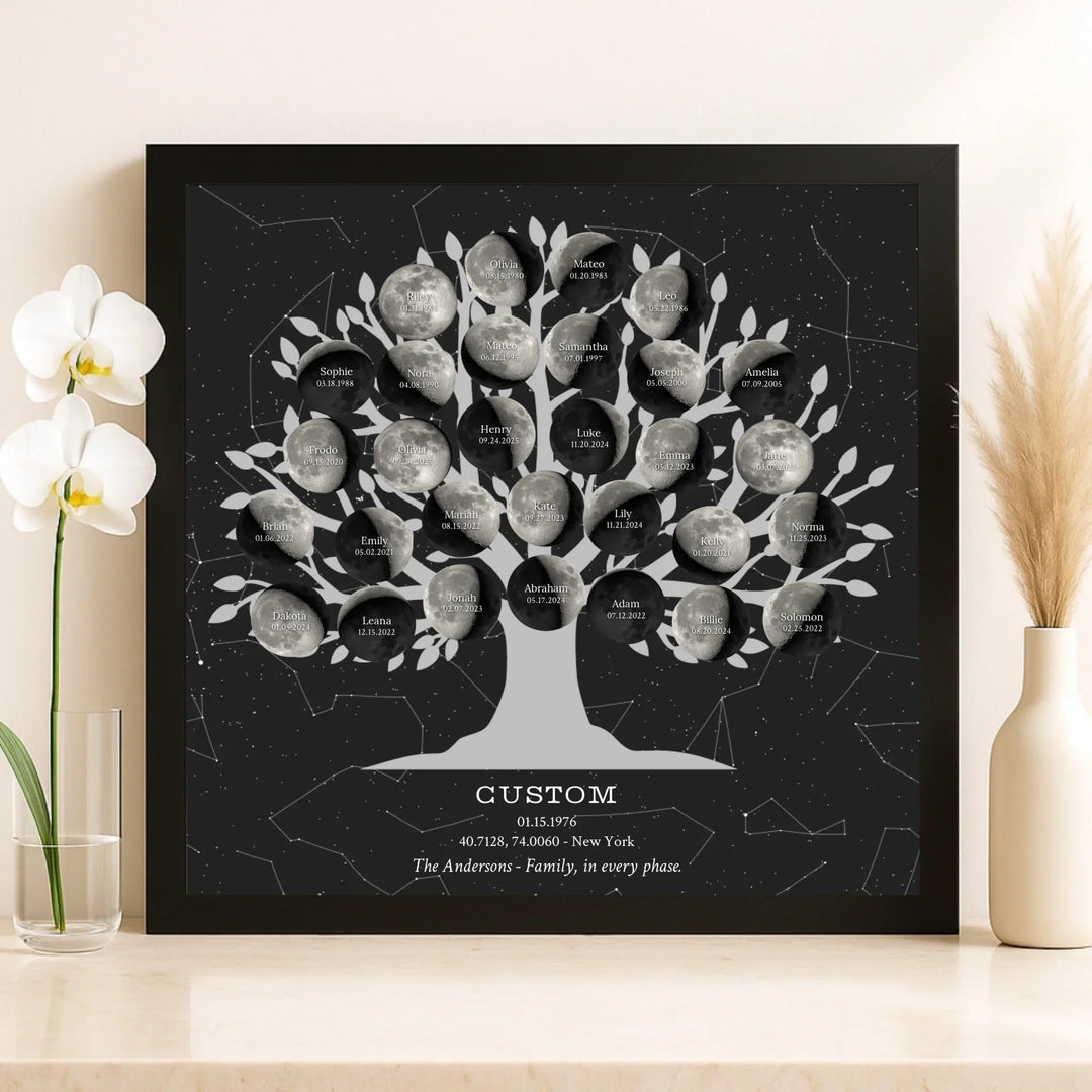 Custom Silver Moon Phase Family Tree Wall Art -on shelf-ARTFULANE