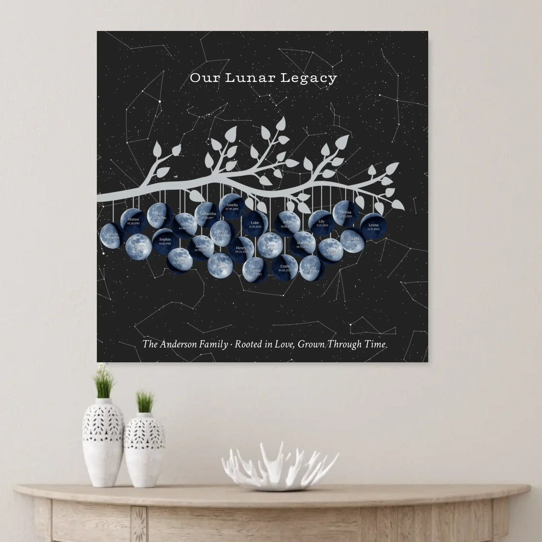 Custom Blue Moon Phase Family Tree Branch Wall Art - unframed canvas on wall-ARTFULANE