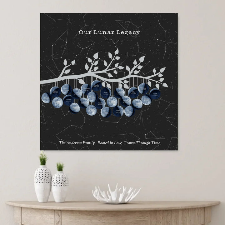 Custom Blue Moon Phase Family Tree Branch Wall Art - unframed canvas on wall-ARTFULANE