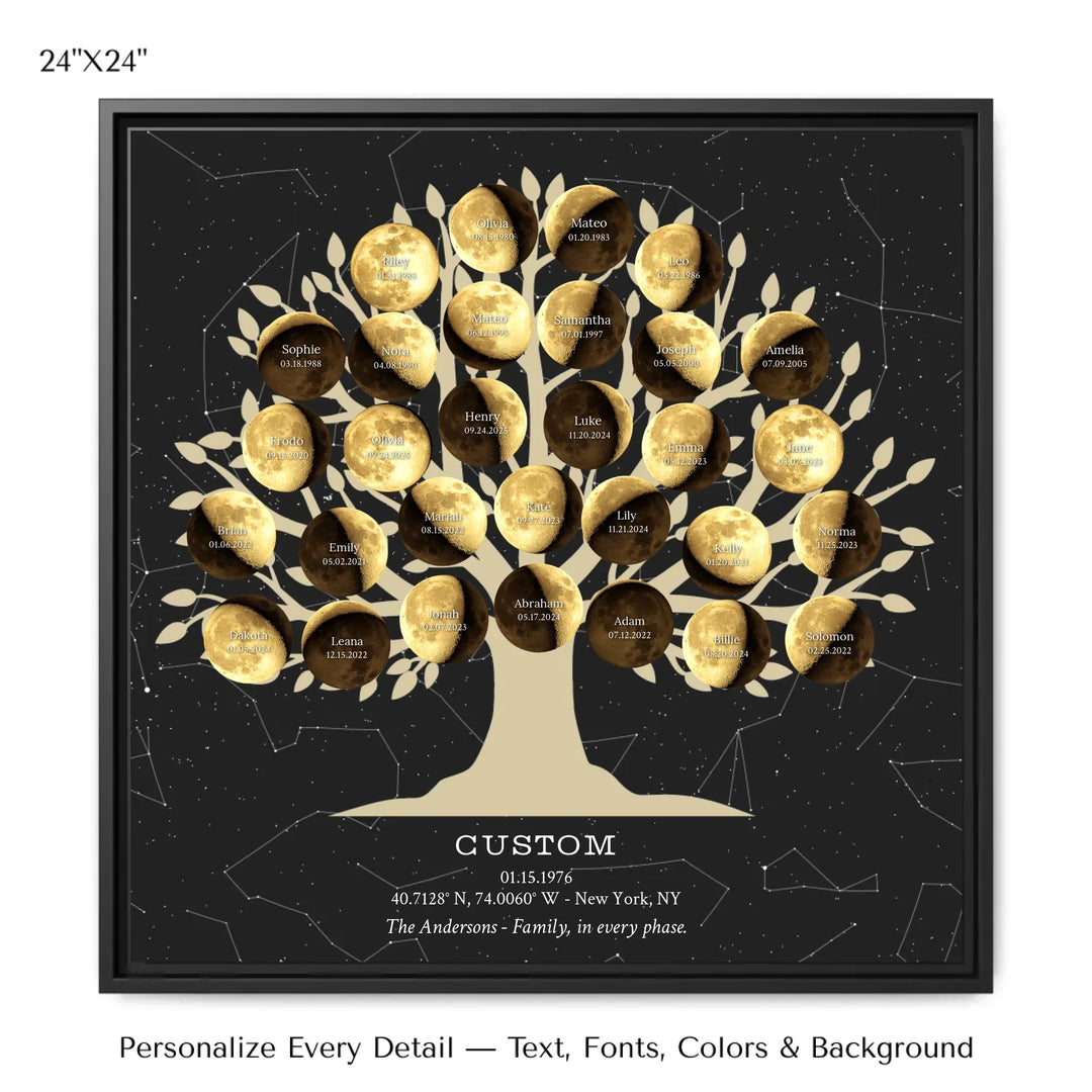 Custom Golden Moon Phase Family Tree Wall Art -24x24 framed canvas-ARTFULANE