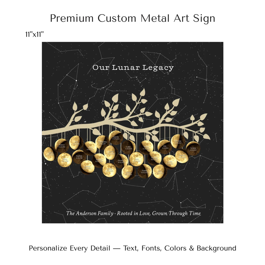 Custom Golden Moon Phase Family Tree Branch Wall Art -11x11 metal art sign-ARTFULANE