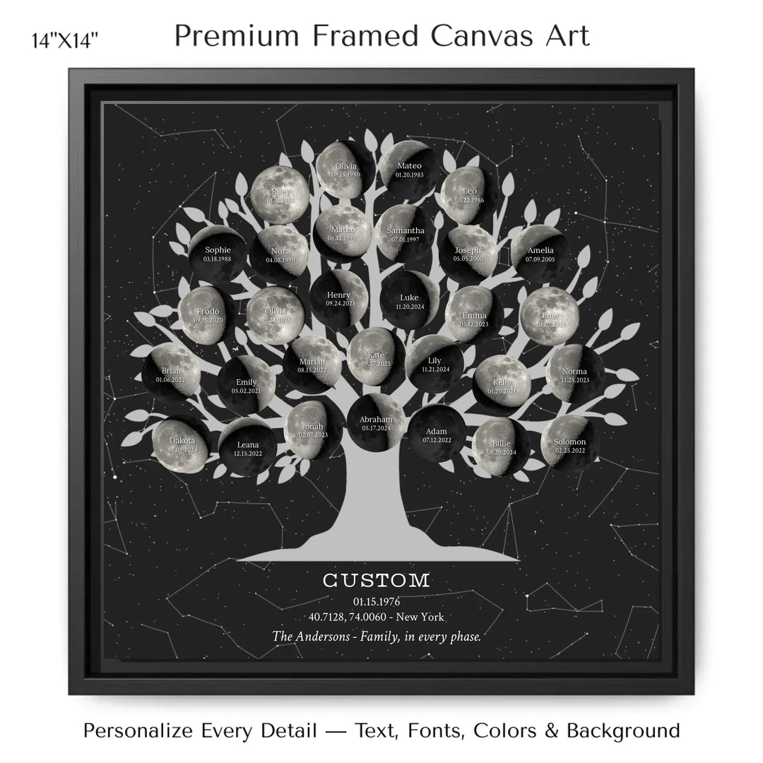 Custom Silver Moon Phase Family Tree Wall Art -14x14 framed canvas-ARTFULANE