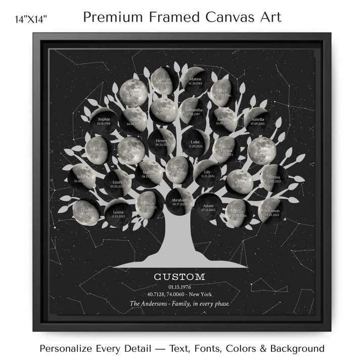 Custom Silver Moon Phase Family Tree Wall Art -14x14 framed canvas-ARTFULANE