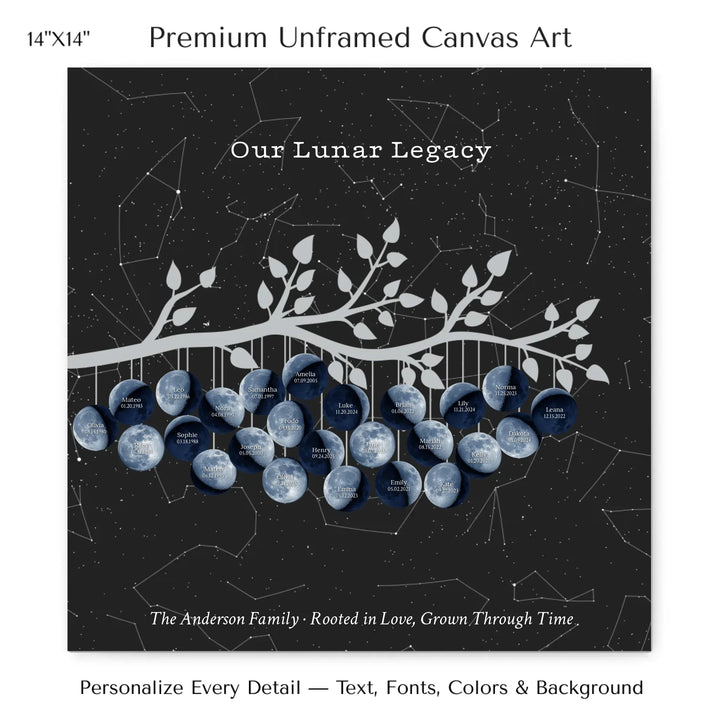 Custom Blue Moon Phase Family Tree Branch Wall Art -14x14 stretched canvas-ARTFULANE