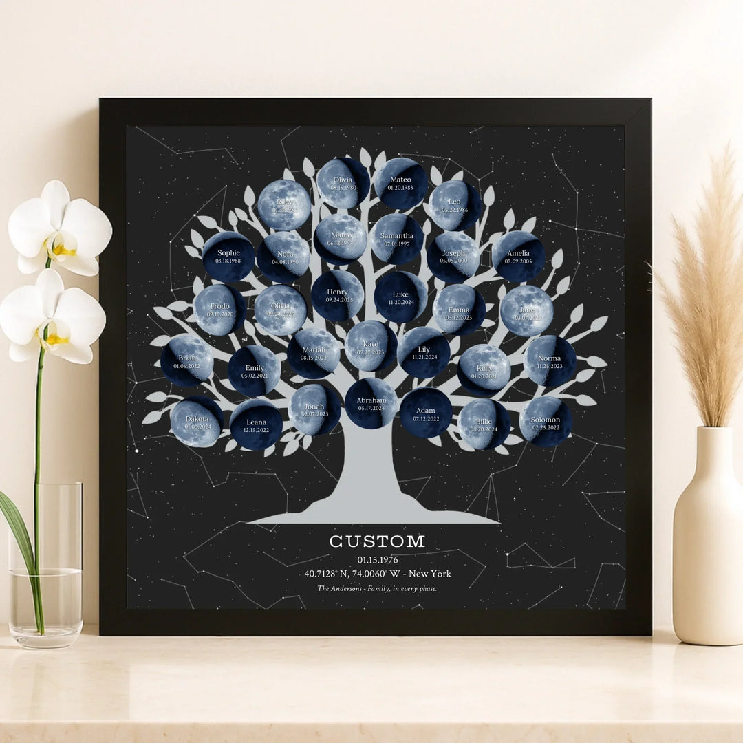 Custom Blue Moon Phase Family Tree Wall Art-on shelf-ARTFULANE