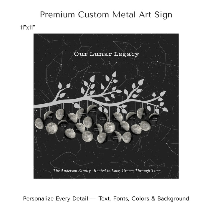 Custom Silver Moon Phase Family Tree Branch Wall Art -11x11 metal art sign-ARTFULANE