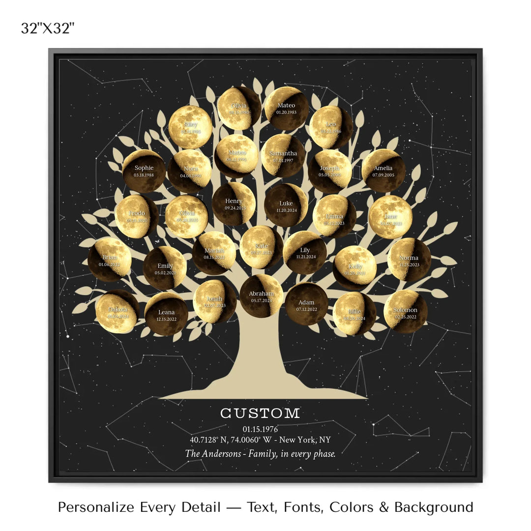 Custom Golden Moon Phase Family Tree Wall Art -32x32 framed canvas-ARTFULANE