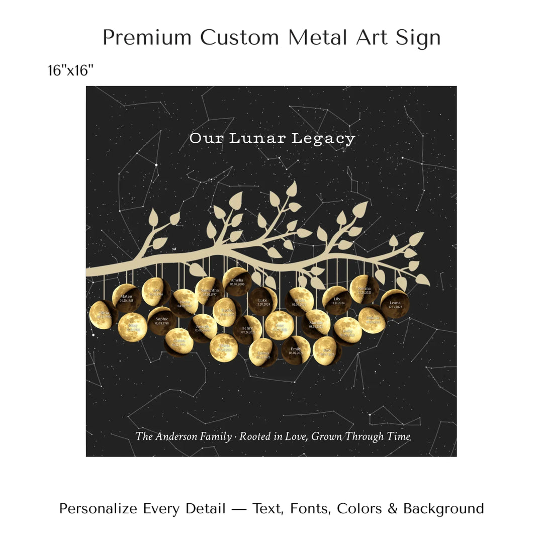 Custom Golden Moon Phase Family Tree Branch Wall Art -16x16 metal art sign-ARTFULANE
