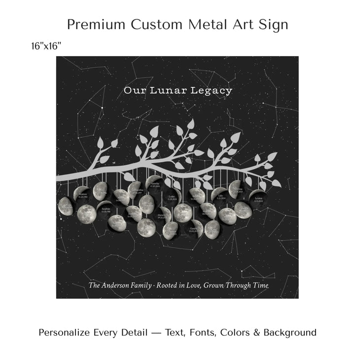 Custom Silver Moon Phase Family Tree Branch Wall Art -16x16 metal art sign-ARTFULANE