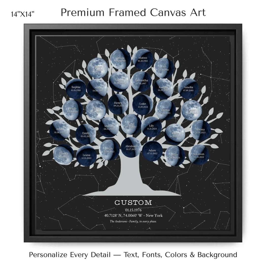 Custom Blue Moon Phase Family Tree Wall Art -14x14 framed canvas-ARTFULANE