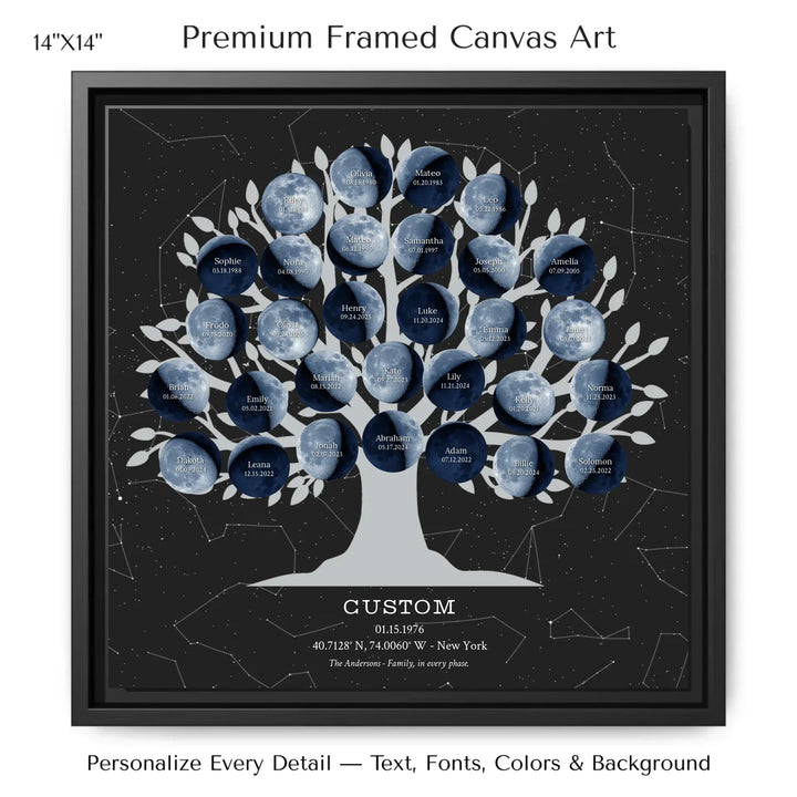 Custom Blue Moon Phase Family Tree Wall Art -14x14 framed canvas-ARTFULANE