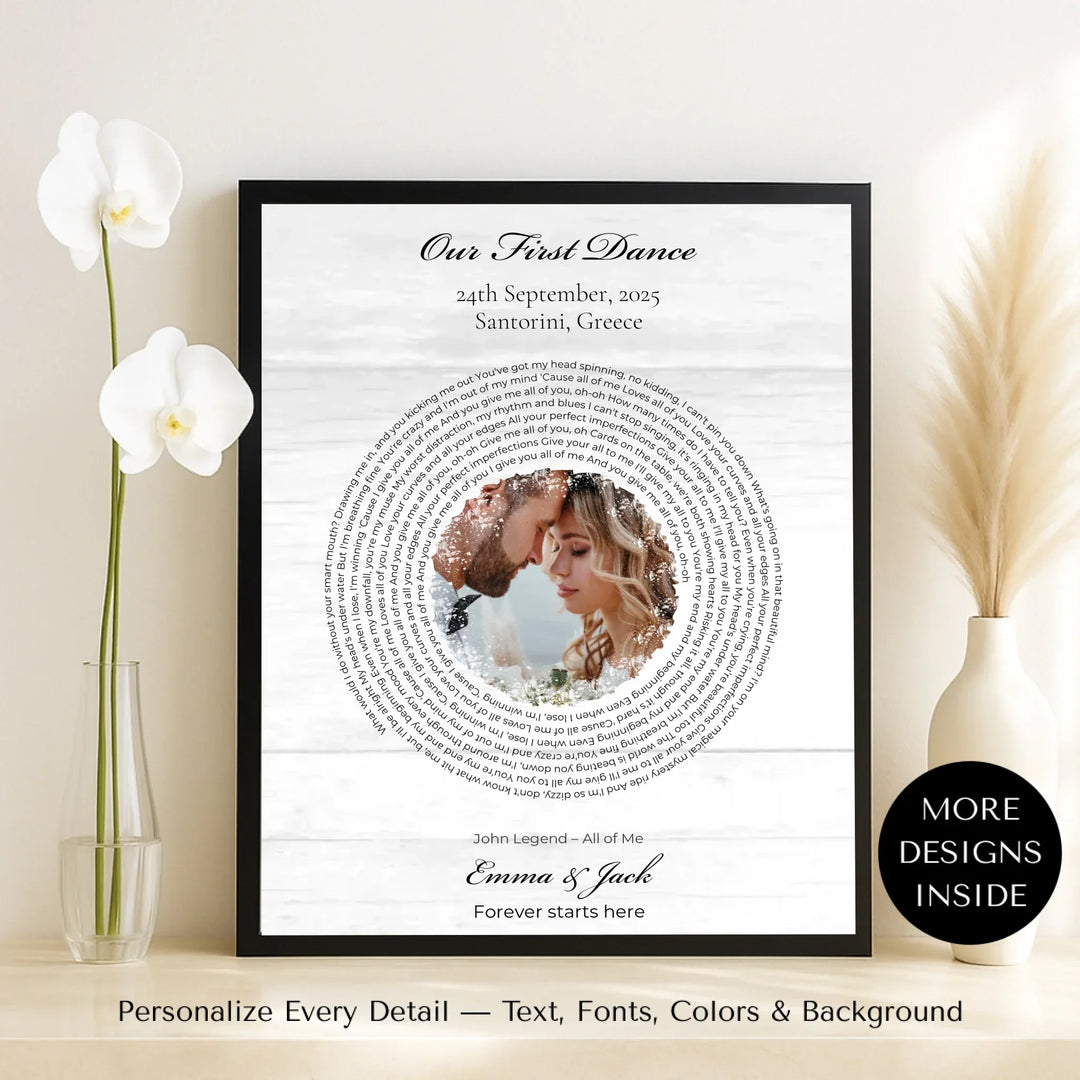 Romantic Custom Wall Art with Photo, Song Lyrics & Names-framed canvas on table-ARTFULANE