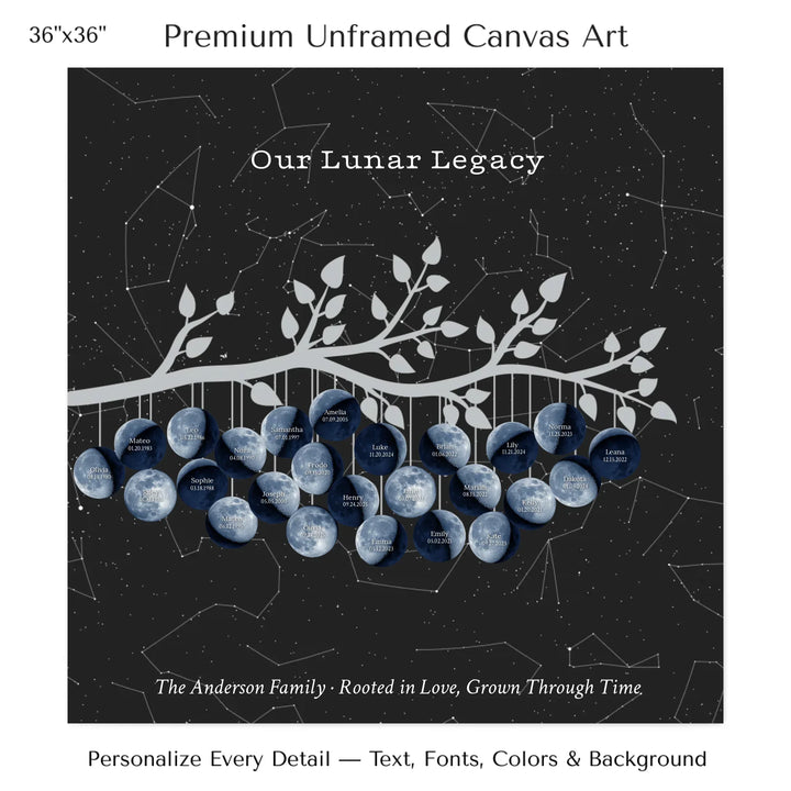 Custom Blue Moon Phase Family Tree Branch Wall Art -36x36 stretched canvas-ARTFULANE