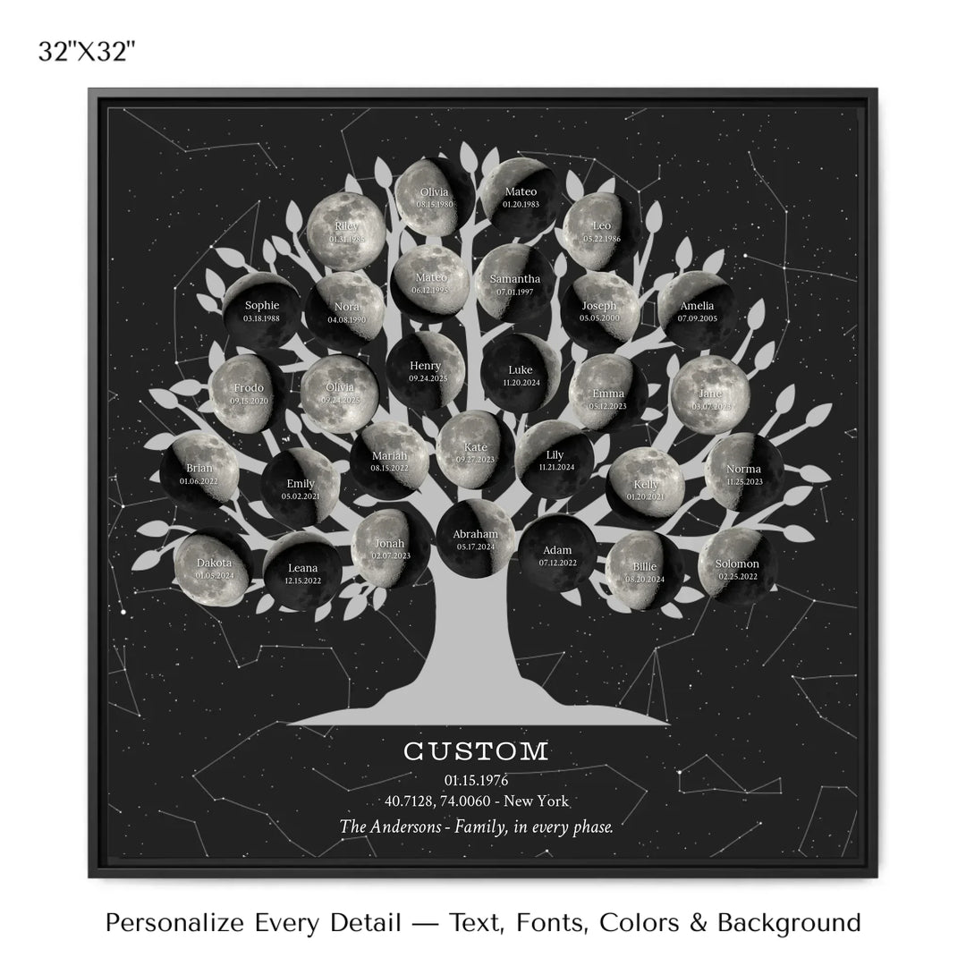 Custom Silver Moon Phase Family Tree Wall Art -32x32 framed canvas-ARTFULANE