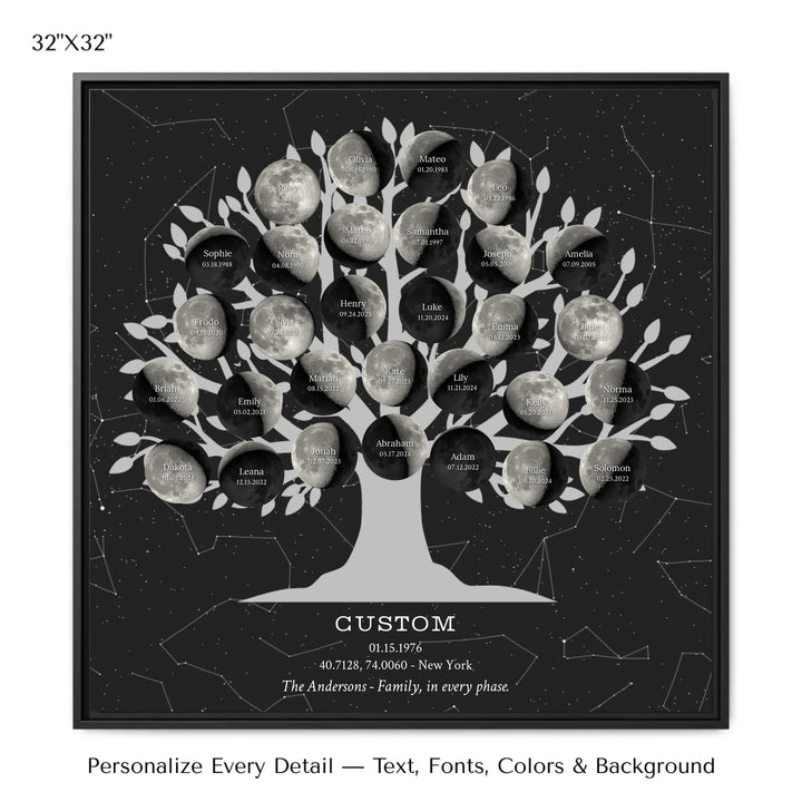 Custom Silver Moon Phase Family Tree Wall Art -32x32 framed canvas-ARTFULANE