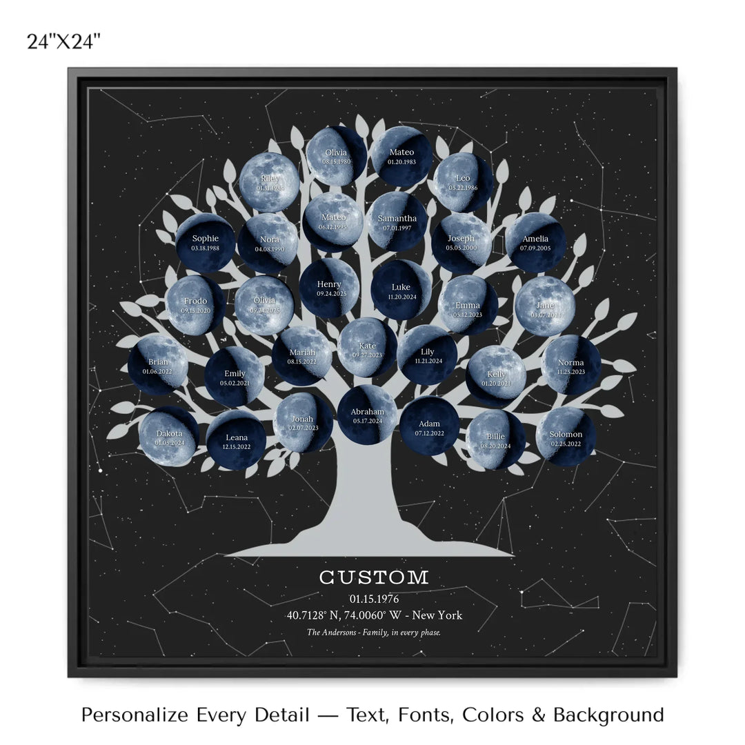 Custom Blue Moon Phase Family Tree Wall Art -24x24 framed canvas-ARTFULANE