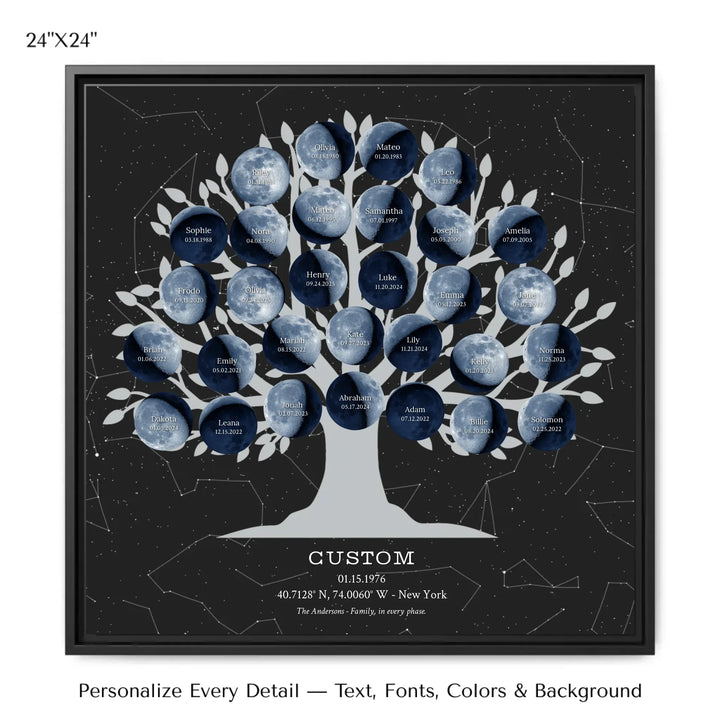 Custom Blue Moon Phase Family Tree Wall Art -24x24 framed canvas-ARTFULANE