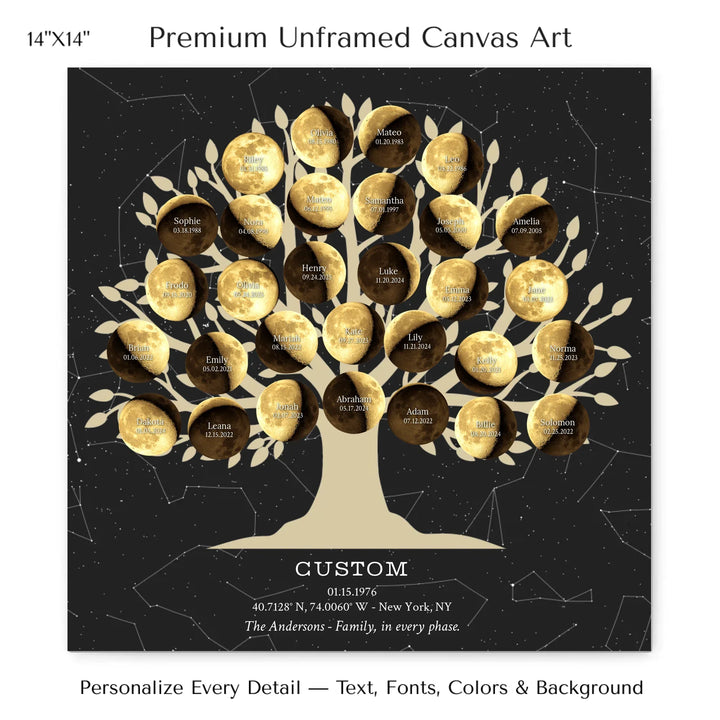 Custom Golden Moon Phase Family Tree Wall Art -14x14 stretched canvas-ARTFULANE