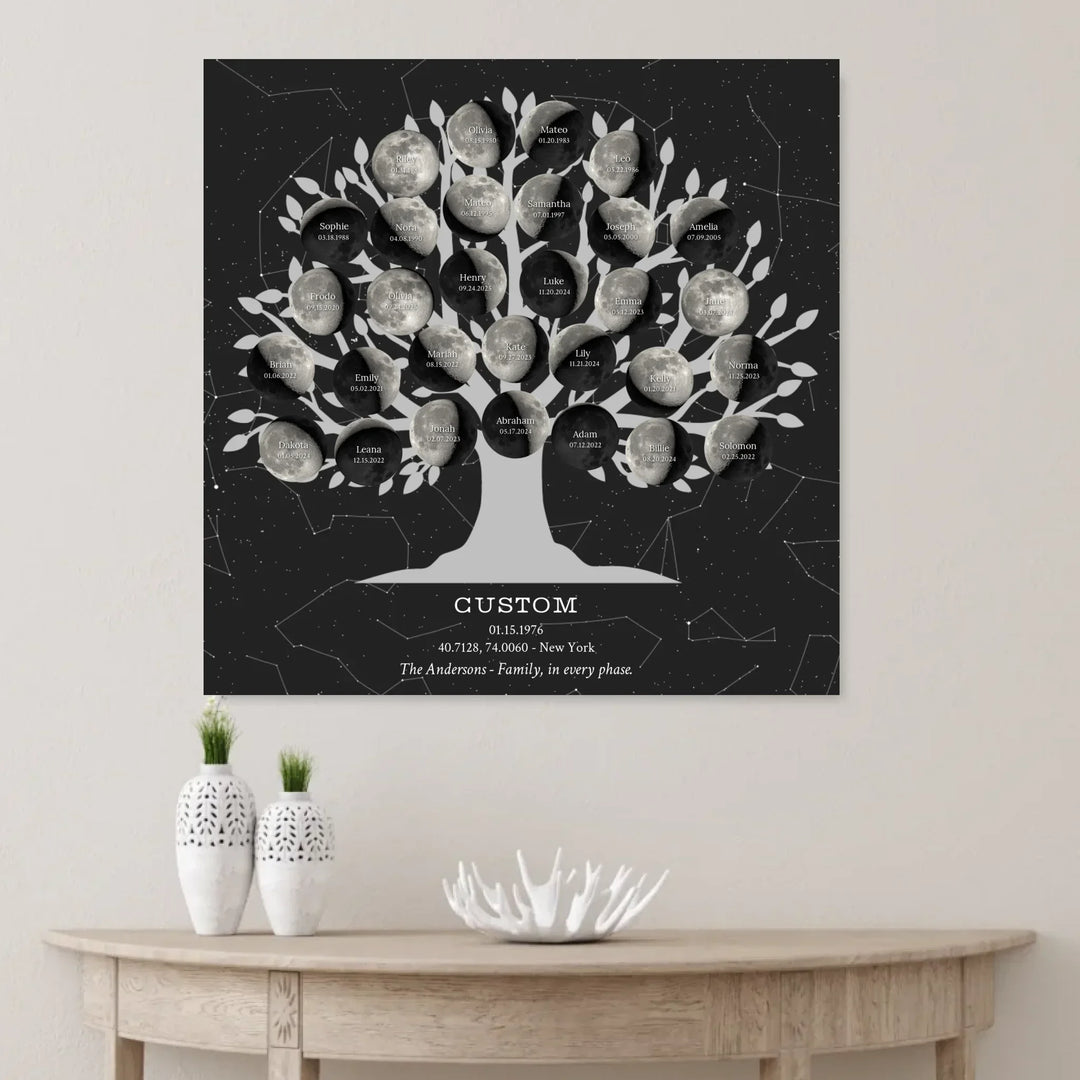 Custom Silver Moon Phase Family Tree Wall Art -unframed canvas on wall-ARTFULANE