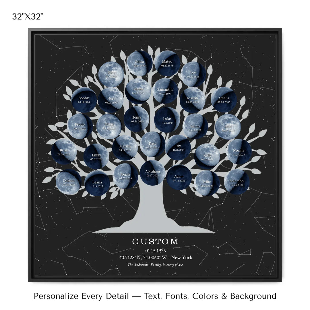 Custom Blue Moon Phase Family Tree Wall Art -32x32 framed canvas-ARTFULANE