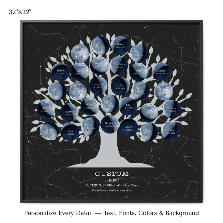 Custom Blue Moon Phase Family Tree Wall Art -32x32 framed canvas-ARTFULANE