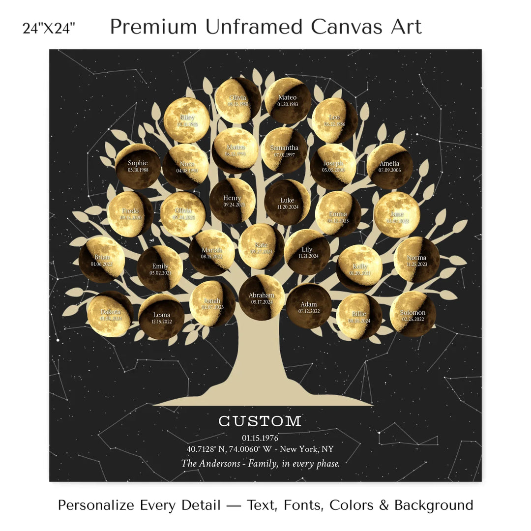 Custom Golden Moon Phase Family Tree Wall Art -24x24 stretched canvas-ARTFULANE