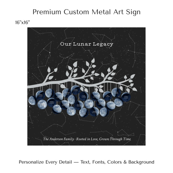 Custom Blue Moon Phase Family Tree Branch Wall Art -16x16 metal art sign-ARTFULANE
