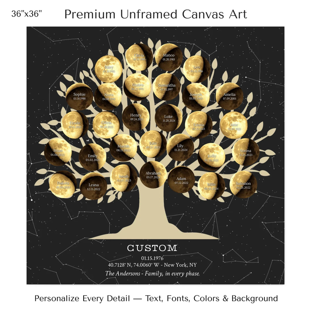 Custom Golden Moon Phase Family Tree Wall Art -36x36 stretched canvas-ARTFULANE