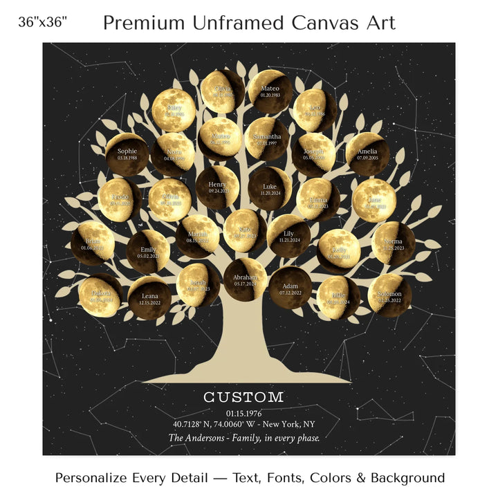 Custom Golden Moon Phase Family Tree Wall Art -36x36 stretched canvas-ARTFULANE