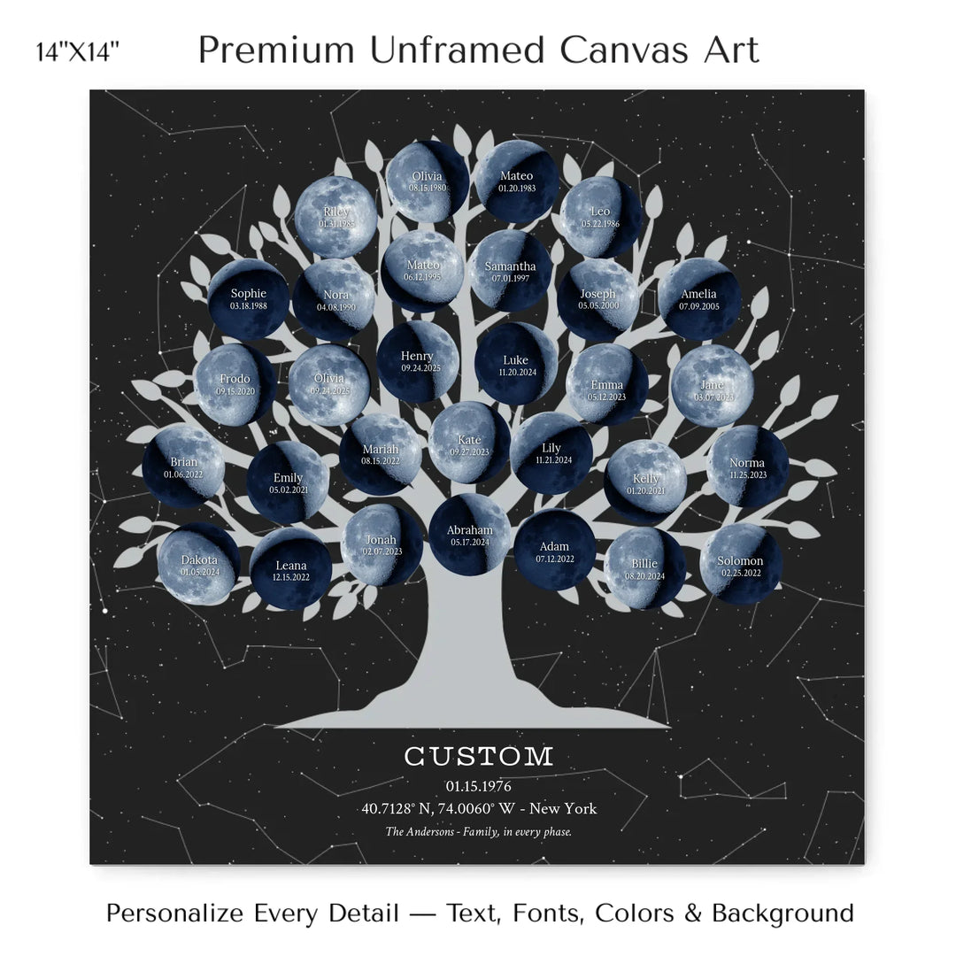 Custom Blue Moon Phase Family Tree Wall Art -14x14 stretched canvas-ARTFULANE