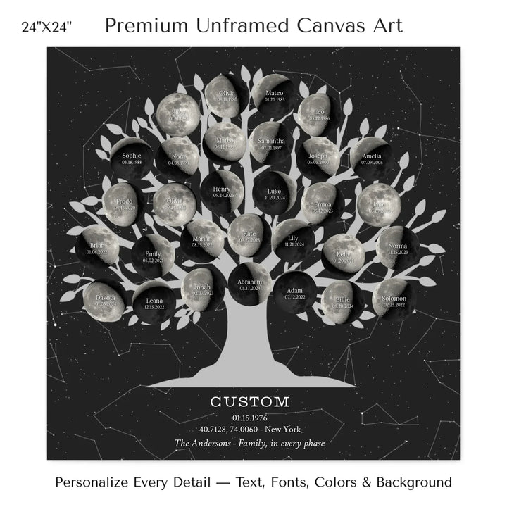 Custom Silver Moon Phase Family Tree Wall Art -24x24 stretched canvas-ARTFULANE