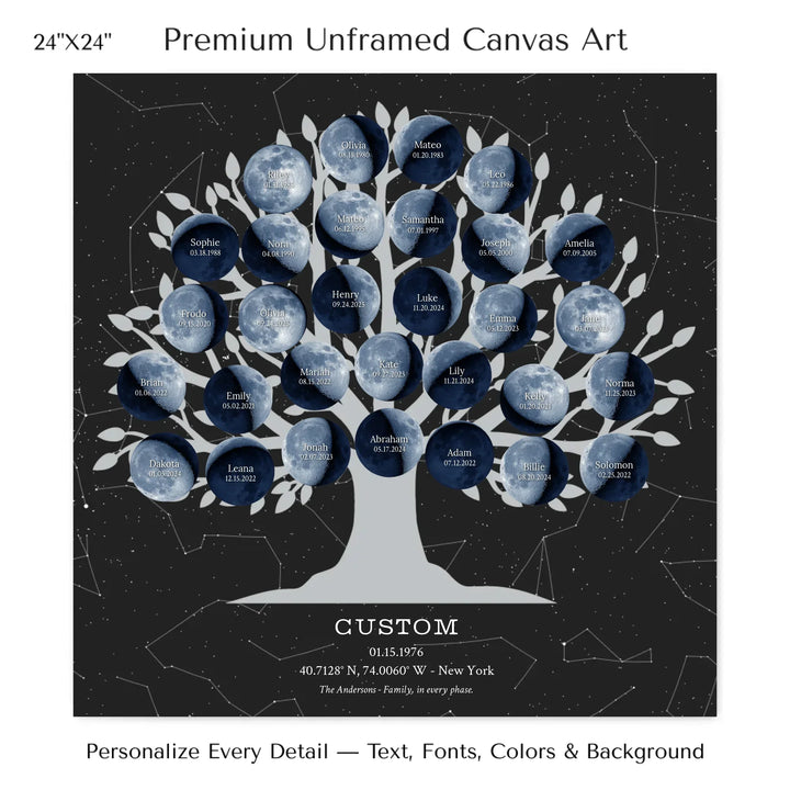 Custom Blue Moon Phase Family Tree Wall Art -24x24 stretched canvas-ARTFULANE