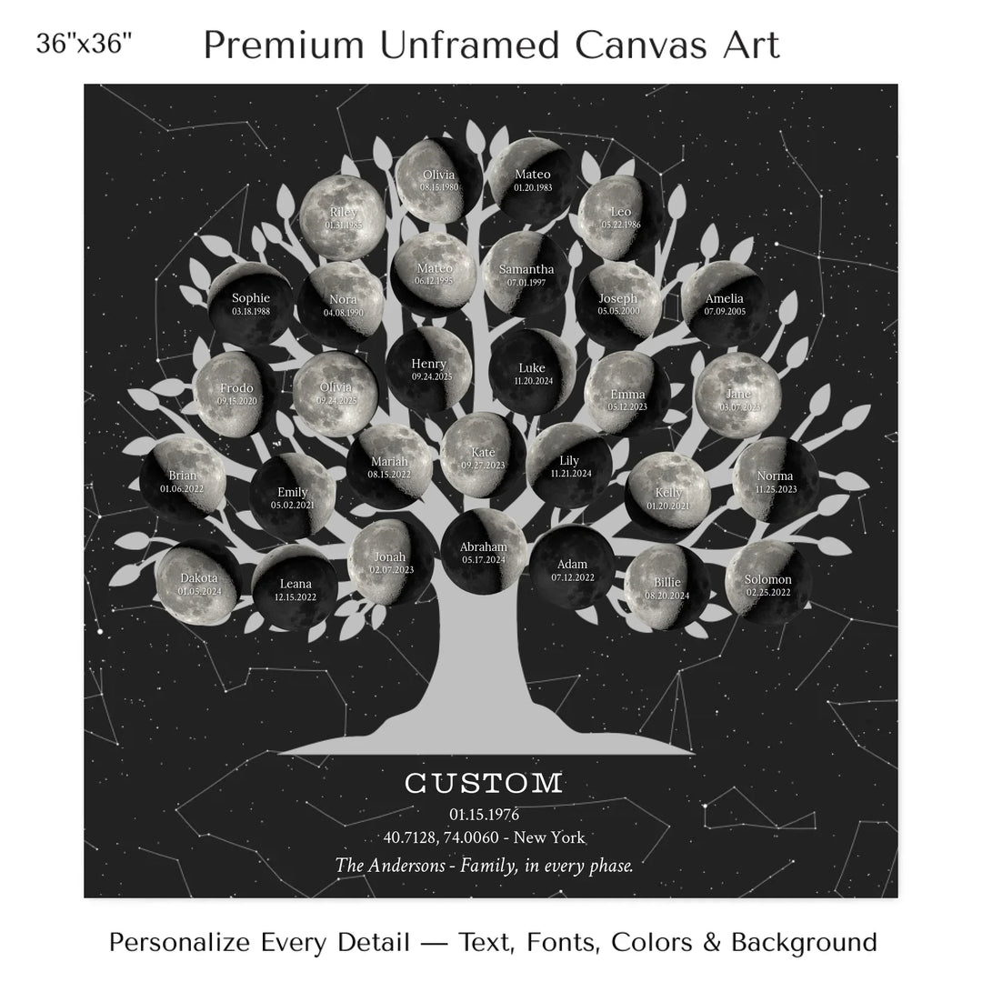 Custom Silver Moon Phase Family Tree Wall Art -36x36 stretched canvas-ARTFULANE