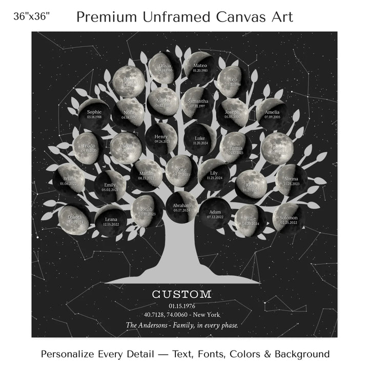 Custom Silver Moon Phase Family Tree Wall Art -36x36 stretched canvas-ARTFULANE