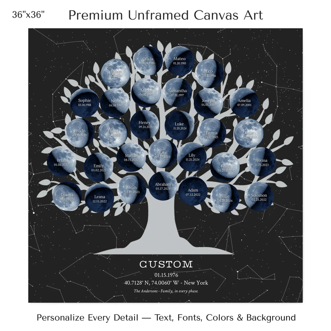 Custom Blue Moon Phase Family Tree Wall Art -36x36 stretched canvas-ARTFULANE
