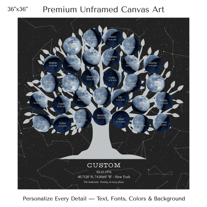 Custom Blue Moon Phase Family Tree Wall Art -36x36 stretched canvas-ARTFULANE