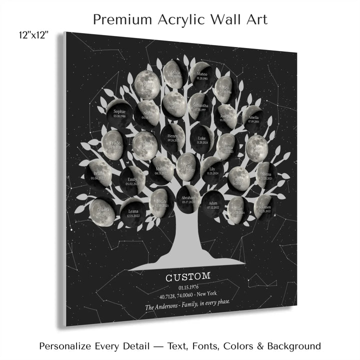 Custom Silver Moon Phase Family Tree Wall Art -12x12 acrylic print with french cleat-ARTFULANE