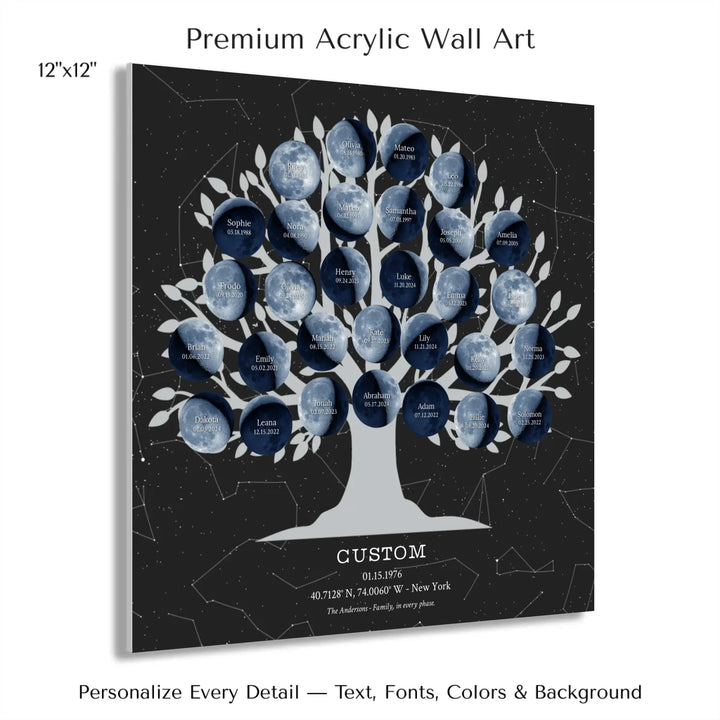 Custom Blue Moon Phase Family Tree Wall Art -12x12 acrylic print with french cleat-ARTFULANE