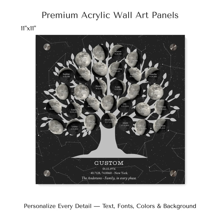 Custom Silver Moon Phase Family Tree Wall Art -11x11 acrylic panel print-ARTFULANE