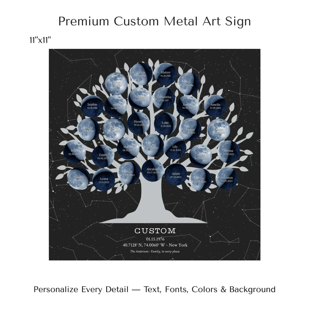 Custom Blue Moon Phase Family Tree Wall Art -11x11 metal art sign-ARTFULANE