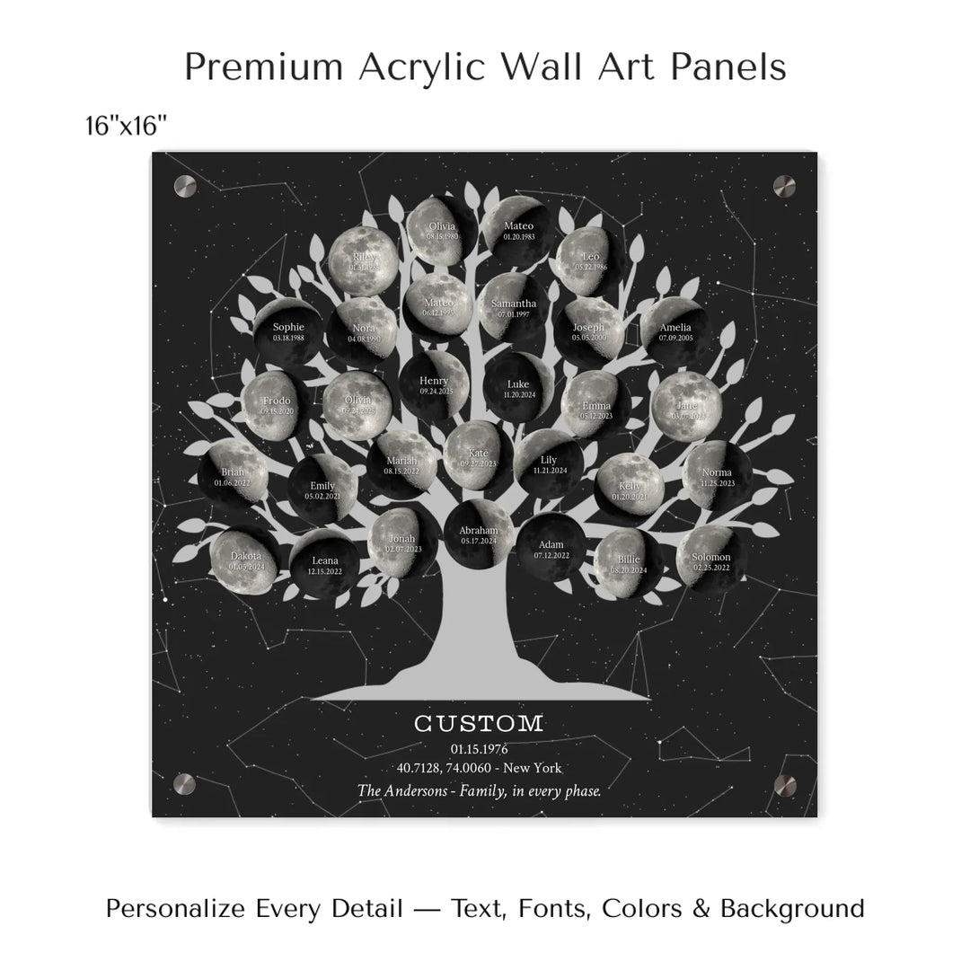 Custom Silver Moon Phase Family Tree Wall Art -16x16 acrylic panel print-ARTFULANE