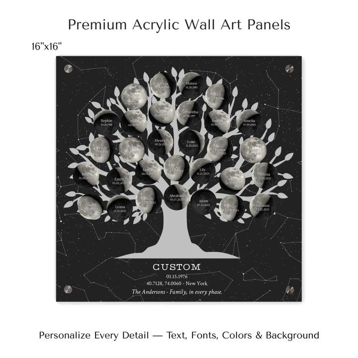 Custom Silver Moon Phase Family Tree Wall Art -16x16 acrylic panel print-ARTFULANE