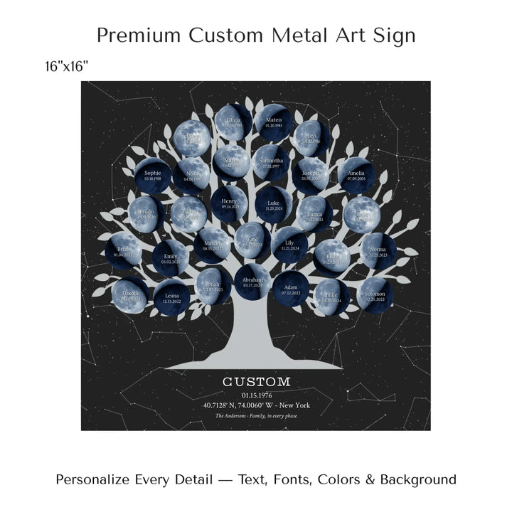 Custom Blue Moon Phase Family Tree Wall Art -16x16 metal art sign-ARTFULANE