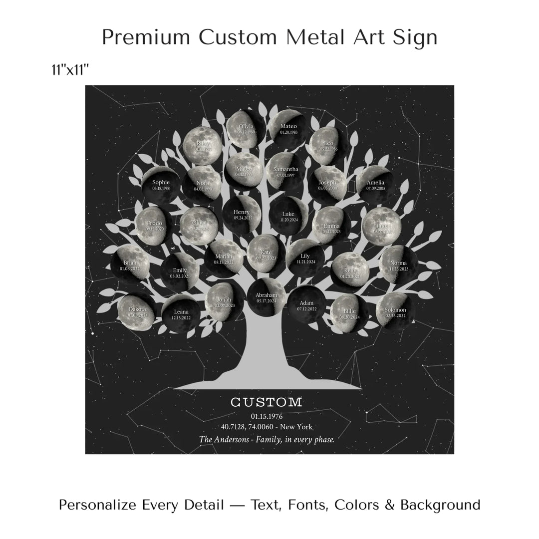 Custom Silver Moon Phase Family Tree Wall Art -11x11 metal art sign-ARTFULANE