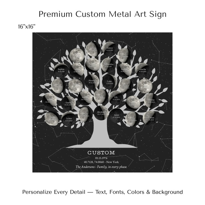 Custom Silver Moon Phase Family Tree Wall Art -16x16 metal art sign-ARTFULANE